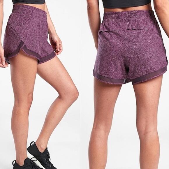 Athleta Printed Mesh Racer Run 4” Shorts in Purple - Picture 1 of 8
